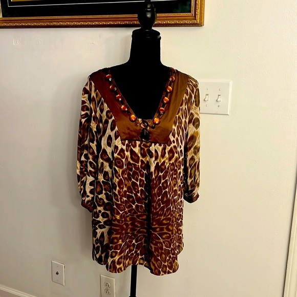 INC Women's 100% Silk Embellished Rhinestone Animal Print Tunic, Sz. 12 - Picture 1 of 7